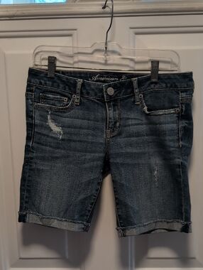 American Eagle Outfitters Blue Denim Bermuda Shorts with Light Distressing